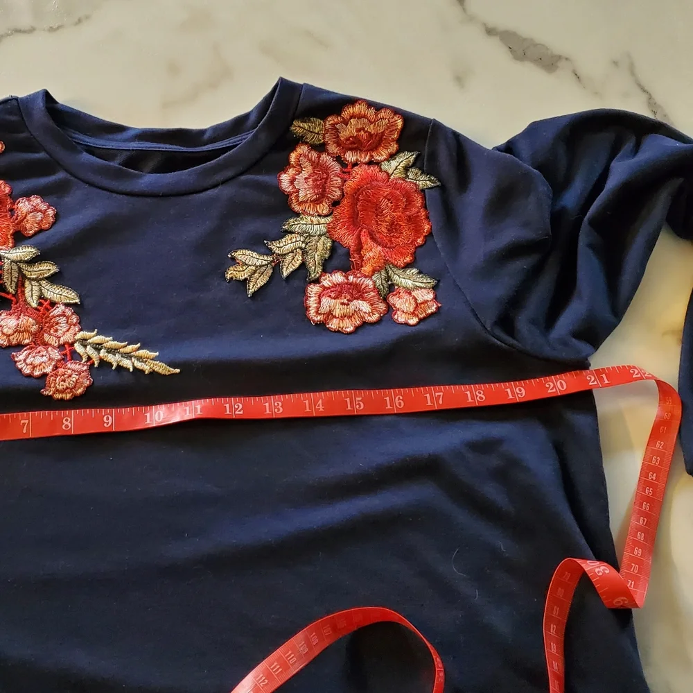Blue Floral Embroidered Sweatshirt Romwe